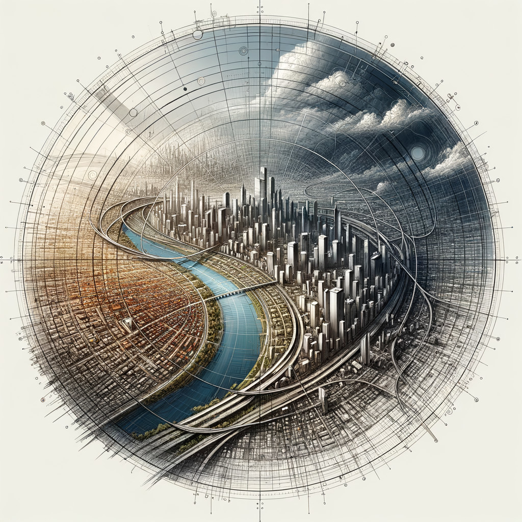 Contrasting Circular Cityscape with Industrial and Futuristic Elements