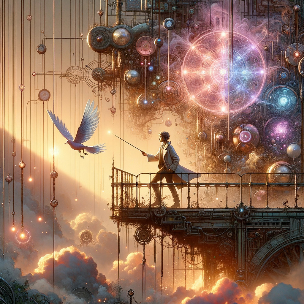 Surreal Steampunk Scene with Wand and Luminous Bird
