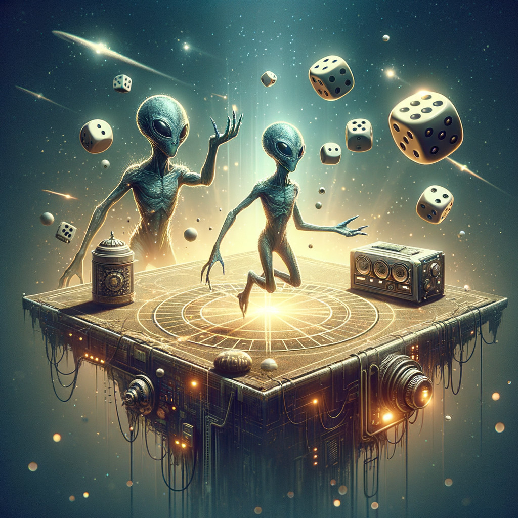 Surreal Scene of Aliens Playing with Oversized Dice