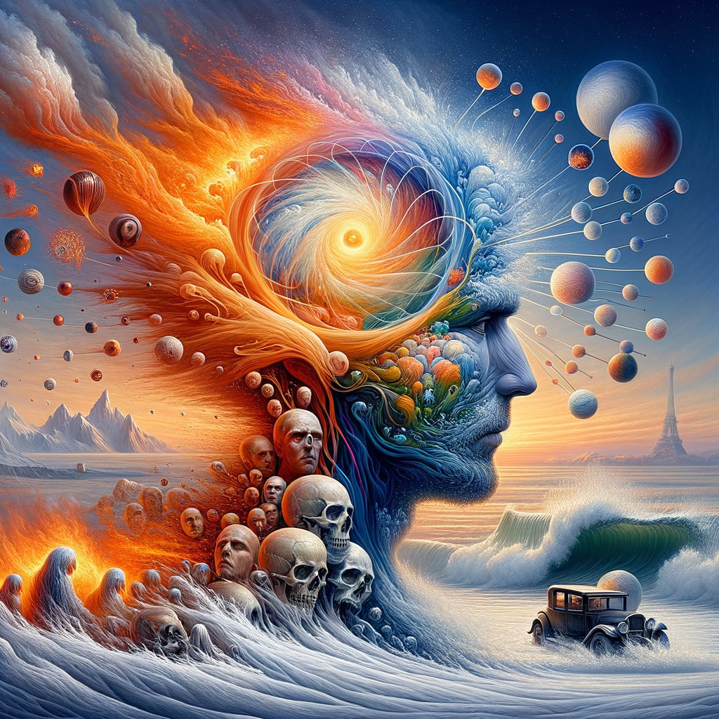 Surreal Landscape with Human Profile and Celestial Themes