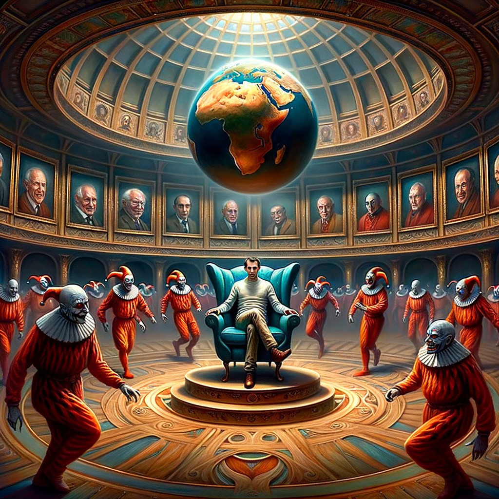 Regal throne with jesters in a vibrant hall scene