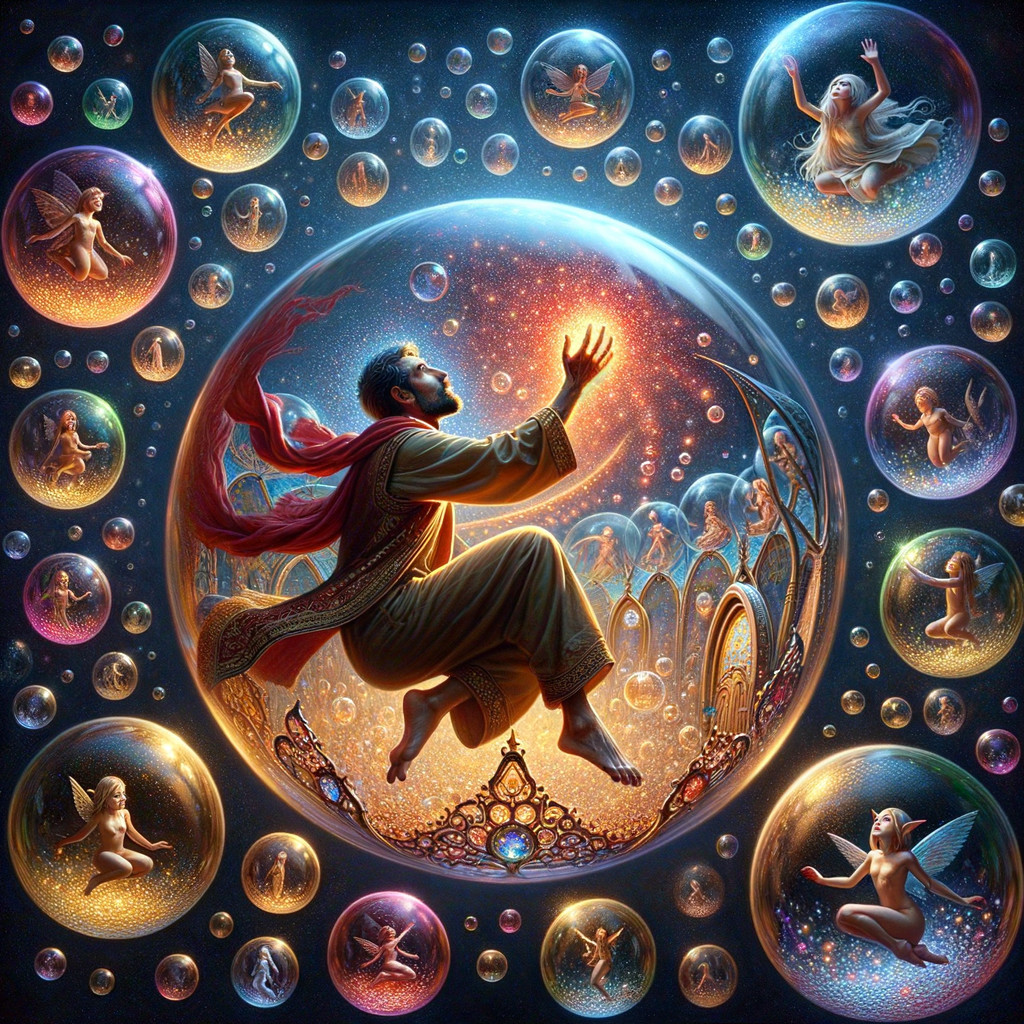 Mystical Scene with Cosmic Figure and Enchanting Fairies