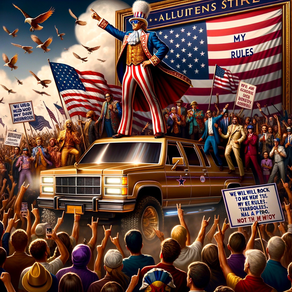 Uncle Sam Figure on Gold Truck with Celebratory Crowd