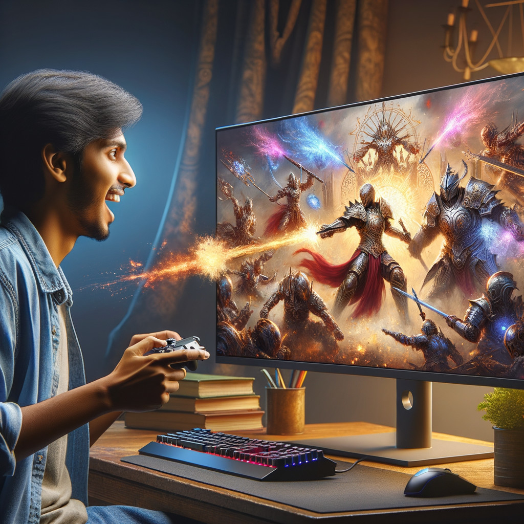 Young man playing video game at wooden desk
