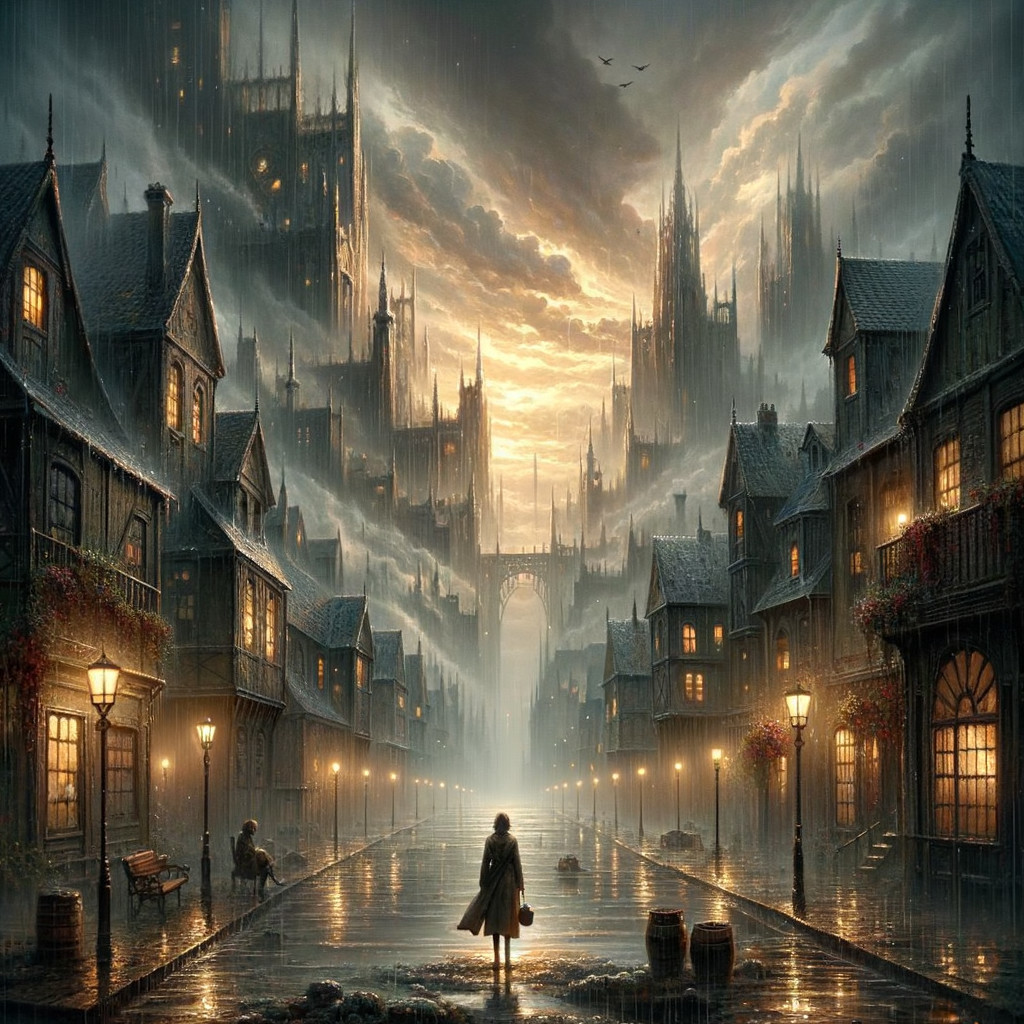 Mysterious Rain-Soaked Street with Gothic Architecture