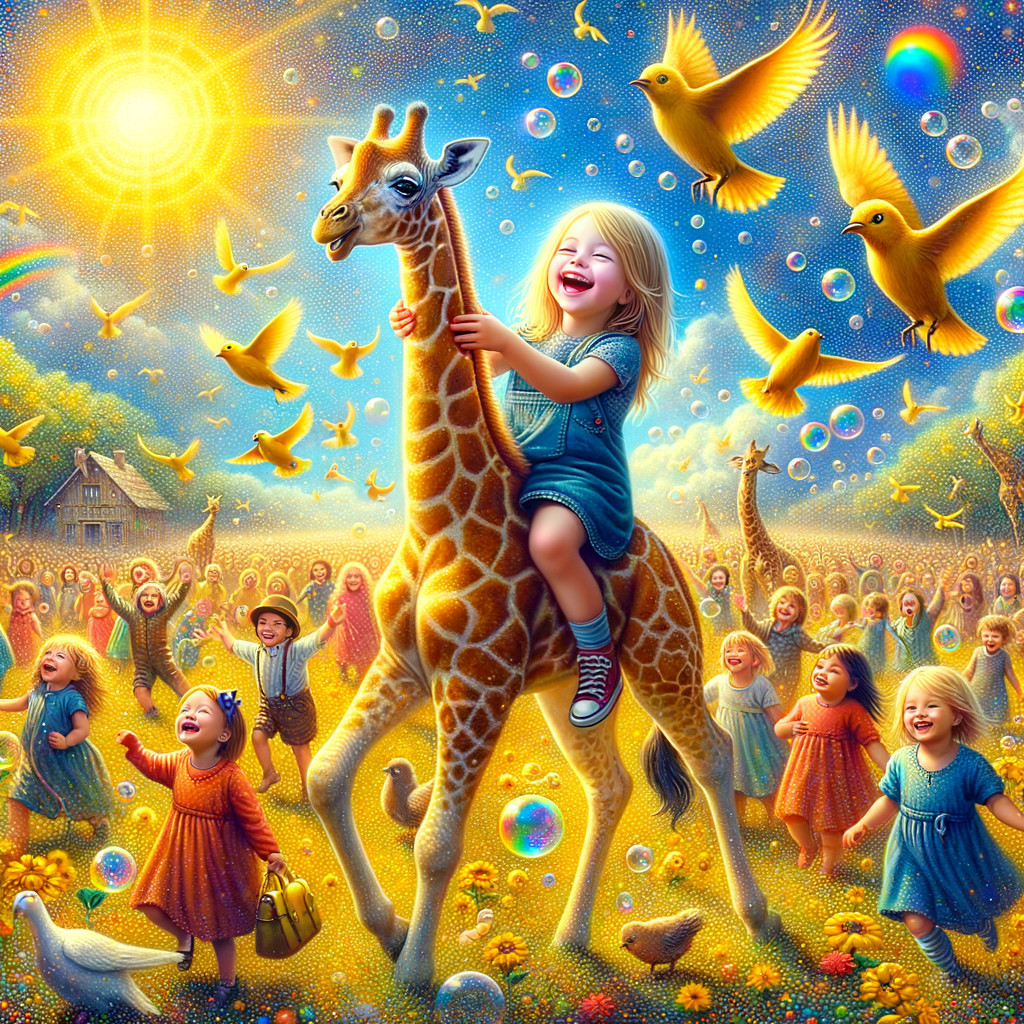 Young Girl Rides Giraffe in Colorful Landscape Scene