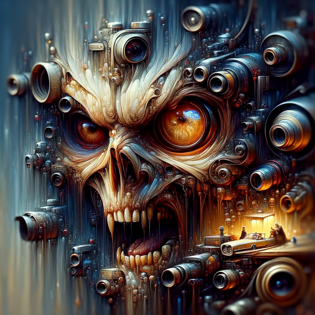 Surreal Skull Merging with Camera Lenses and Figures