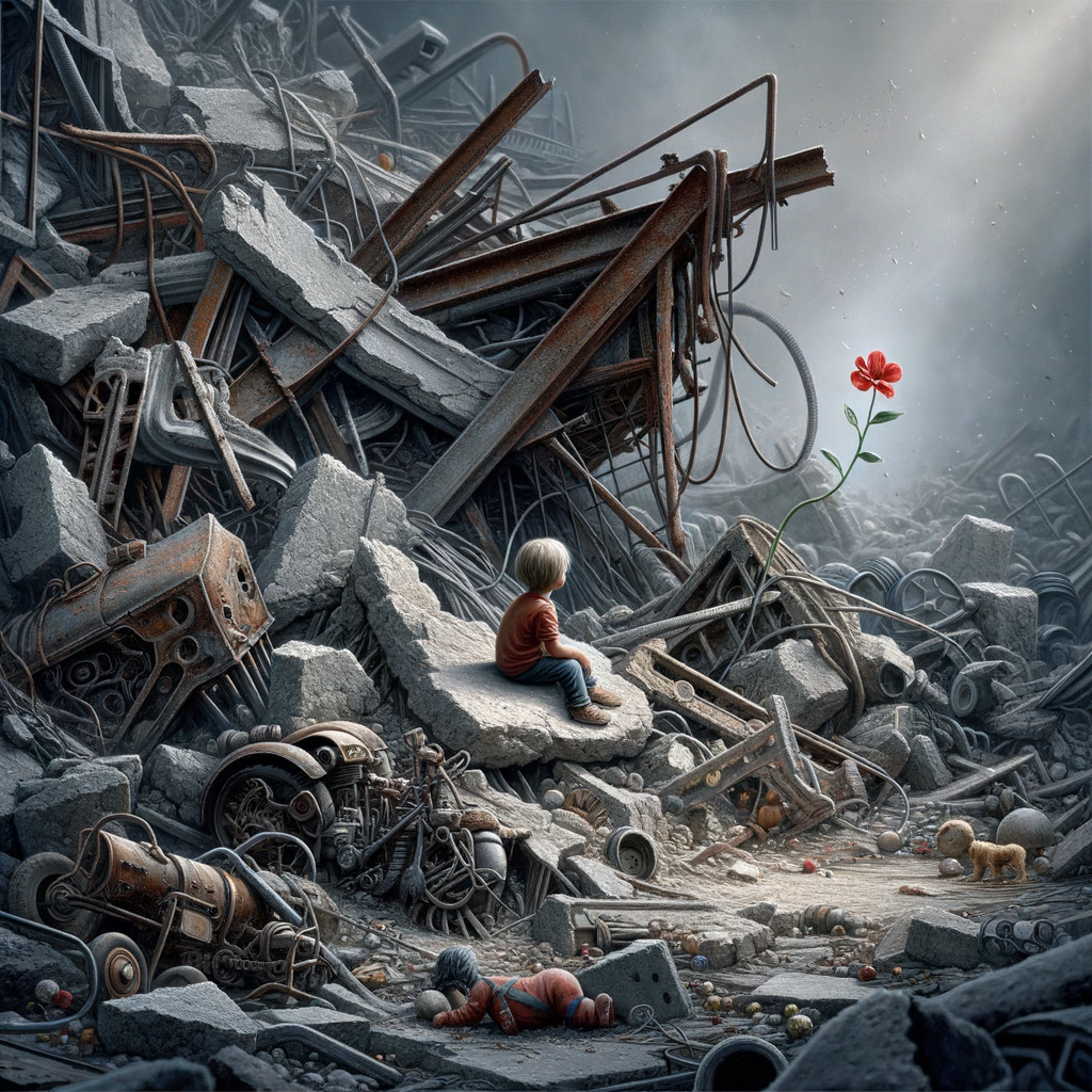 Child in Ruins Observes Flower of Hope Amidst Despair