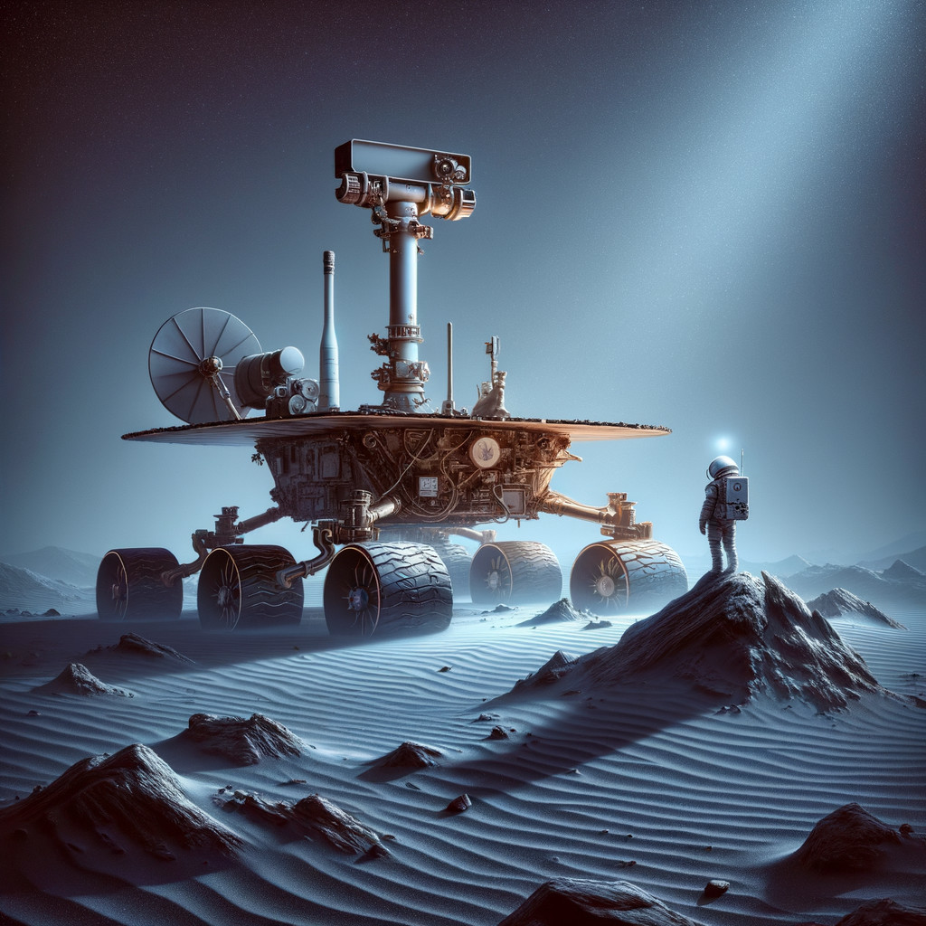 Astronaut Observes Futuristic Rover on Rocky Terrain