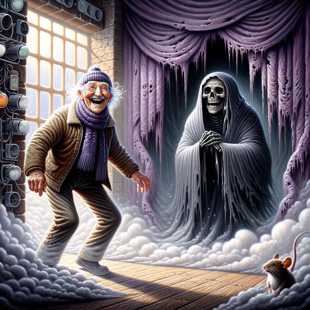 Elderly Man Meets Ghostly Figure in Misty Room