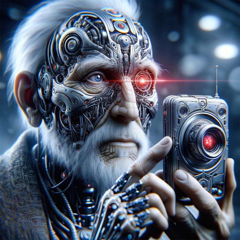 Elderly Cyborg with Futuristic Camera in High-Tech Setting
