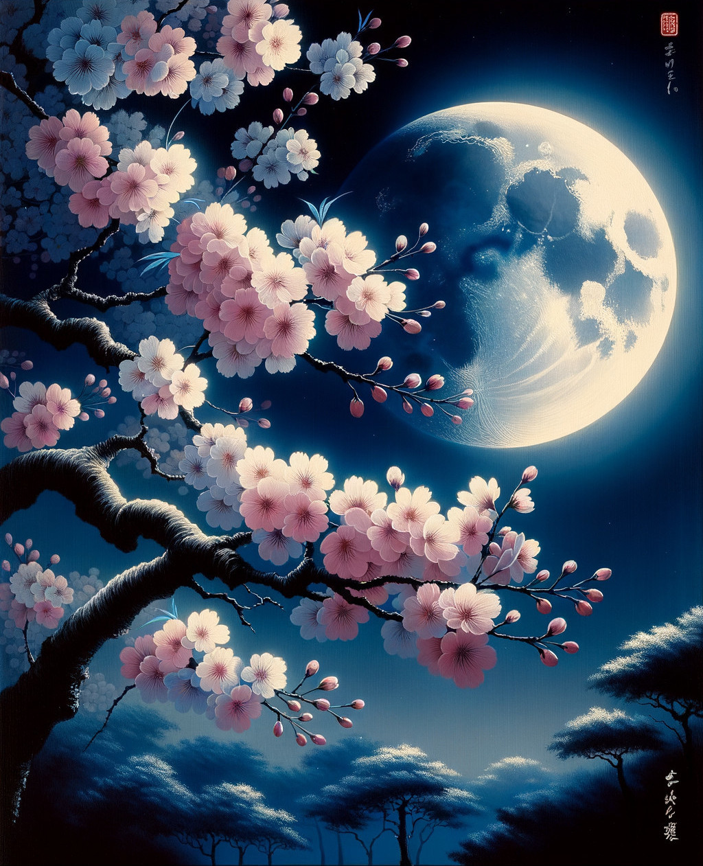 Full Moon Over Cherry Blossom Trees at Night