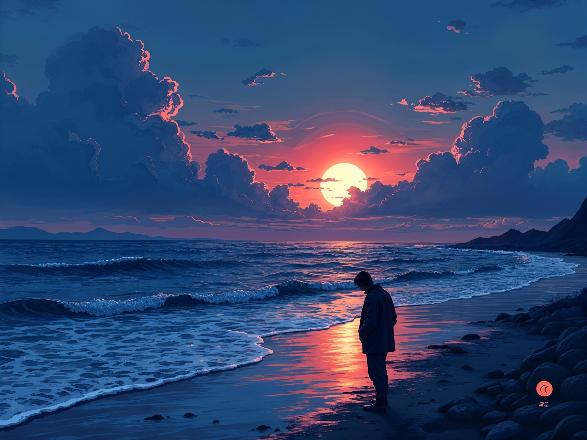 Solitary Figure on Rocky Beach at Sunset