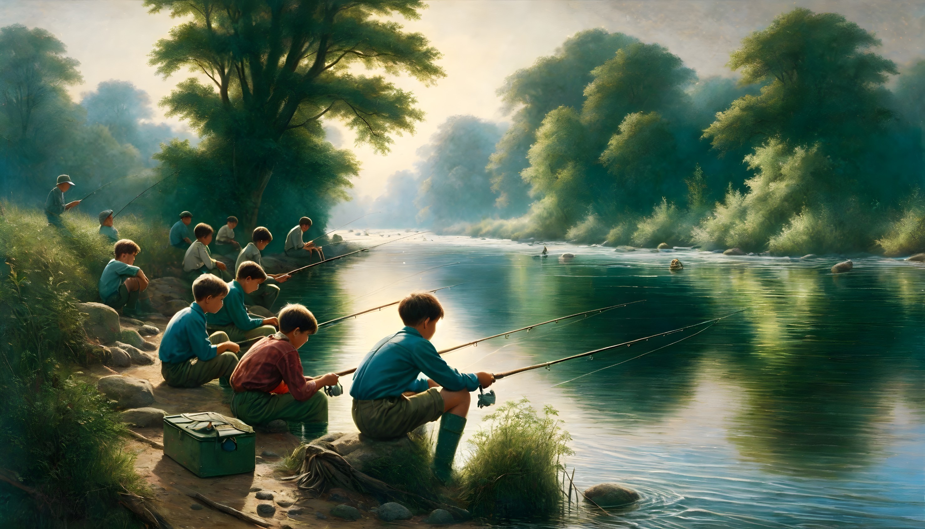 Tranquil river scene with people fishing in lush green surroundings