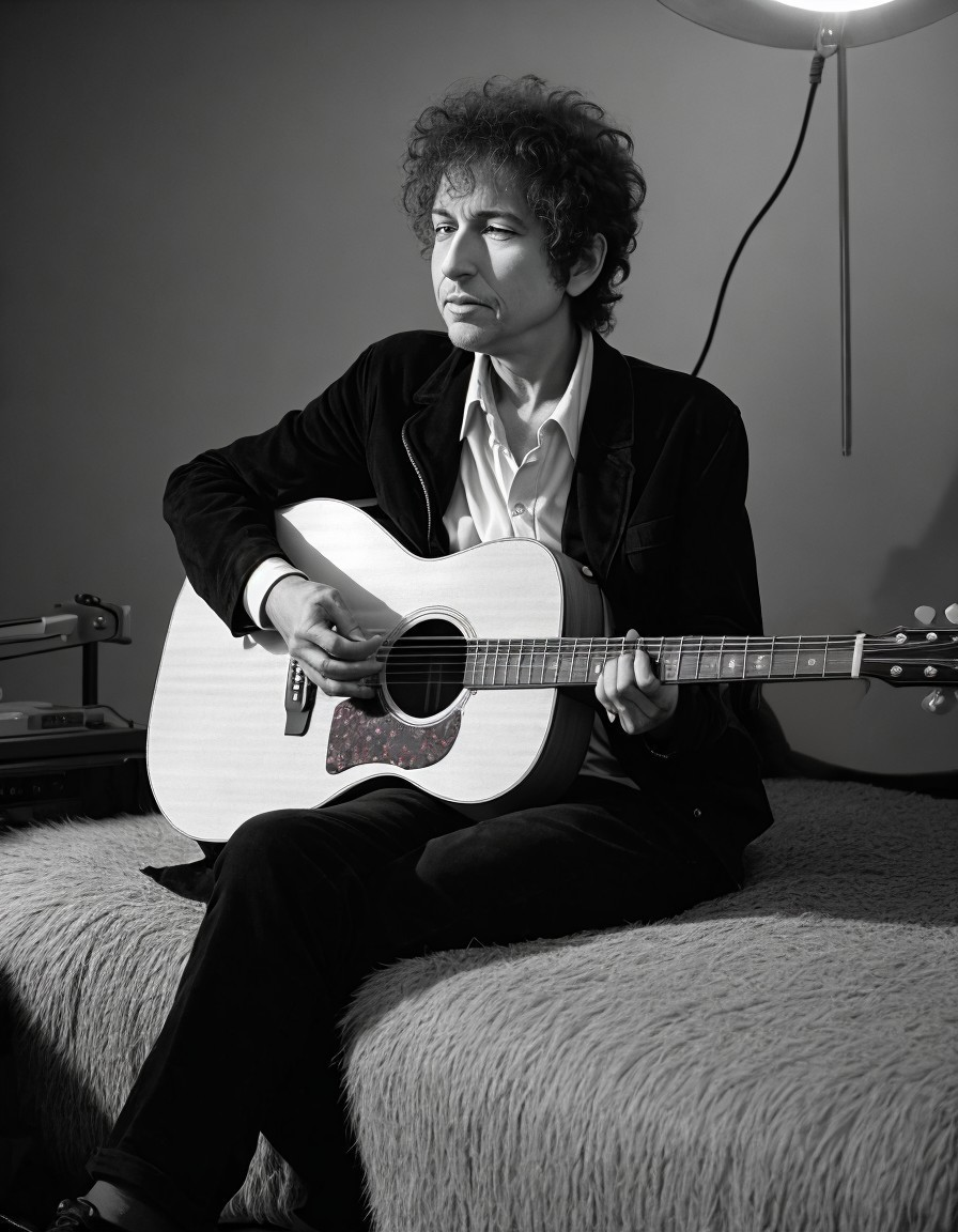 Monochrome image of curly-haired person with acoustic guitar