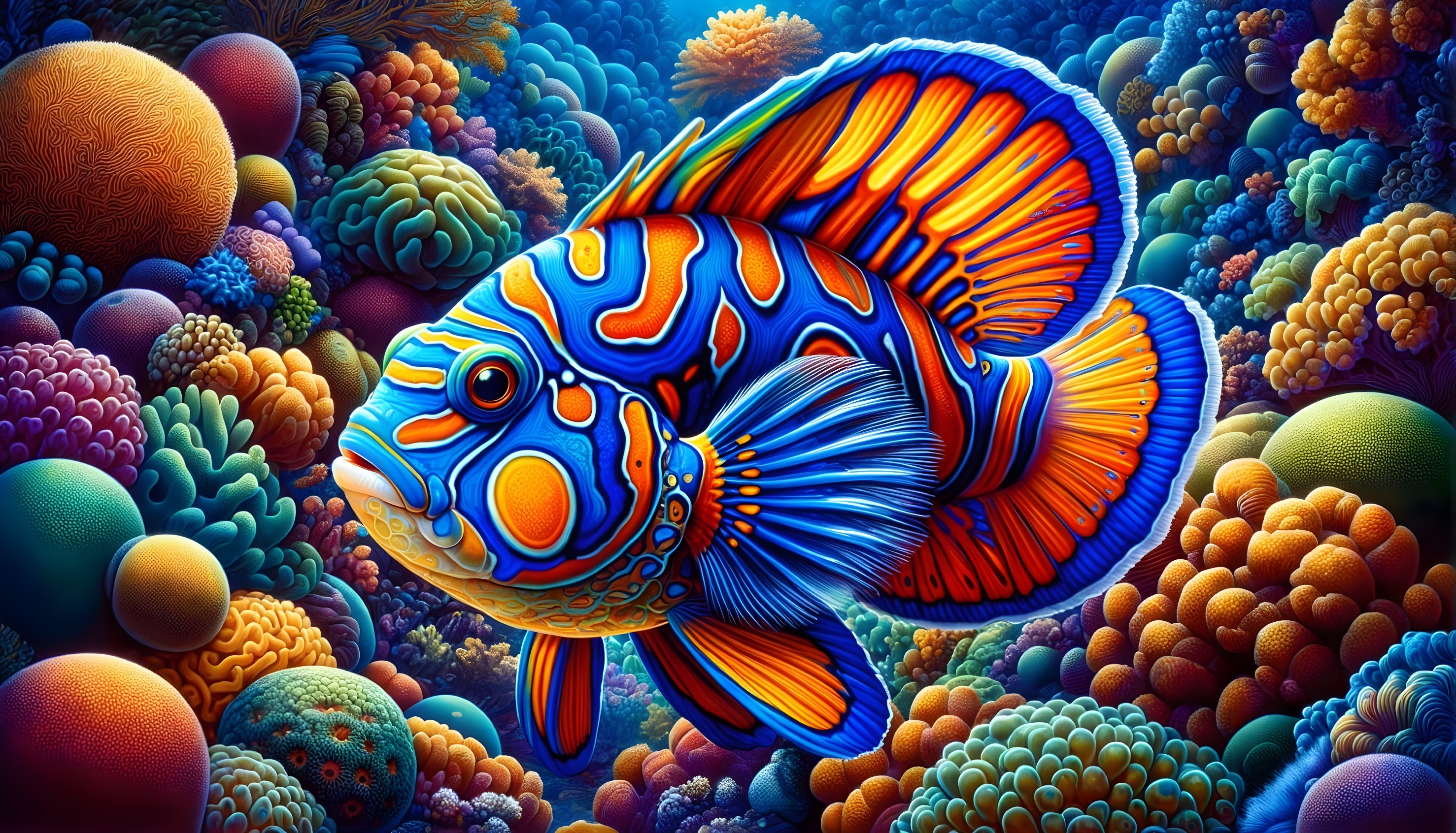 Colorful Mandarinfish Illustration Among Vibrant Coral Reef