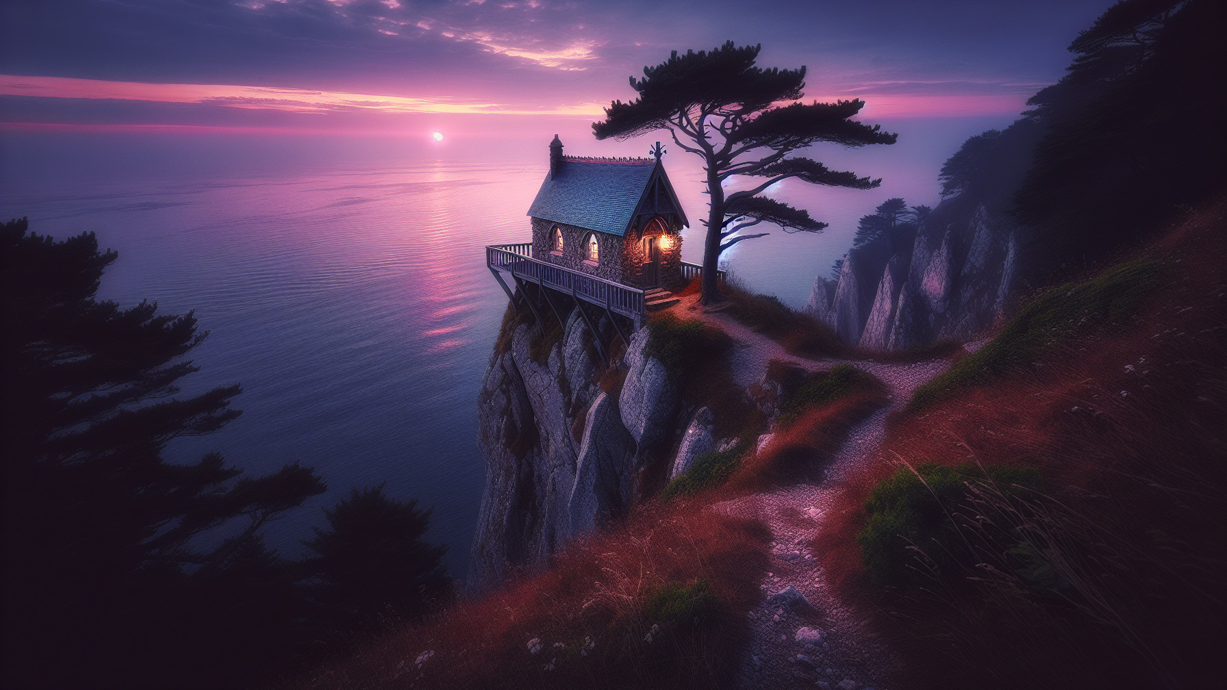 Cliffside House with Sunset Over Calm Waters