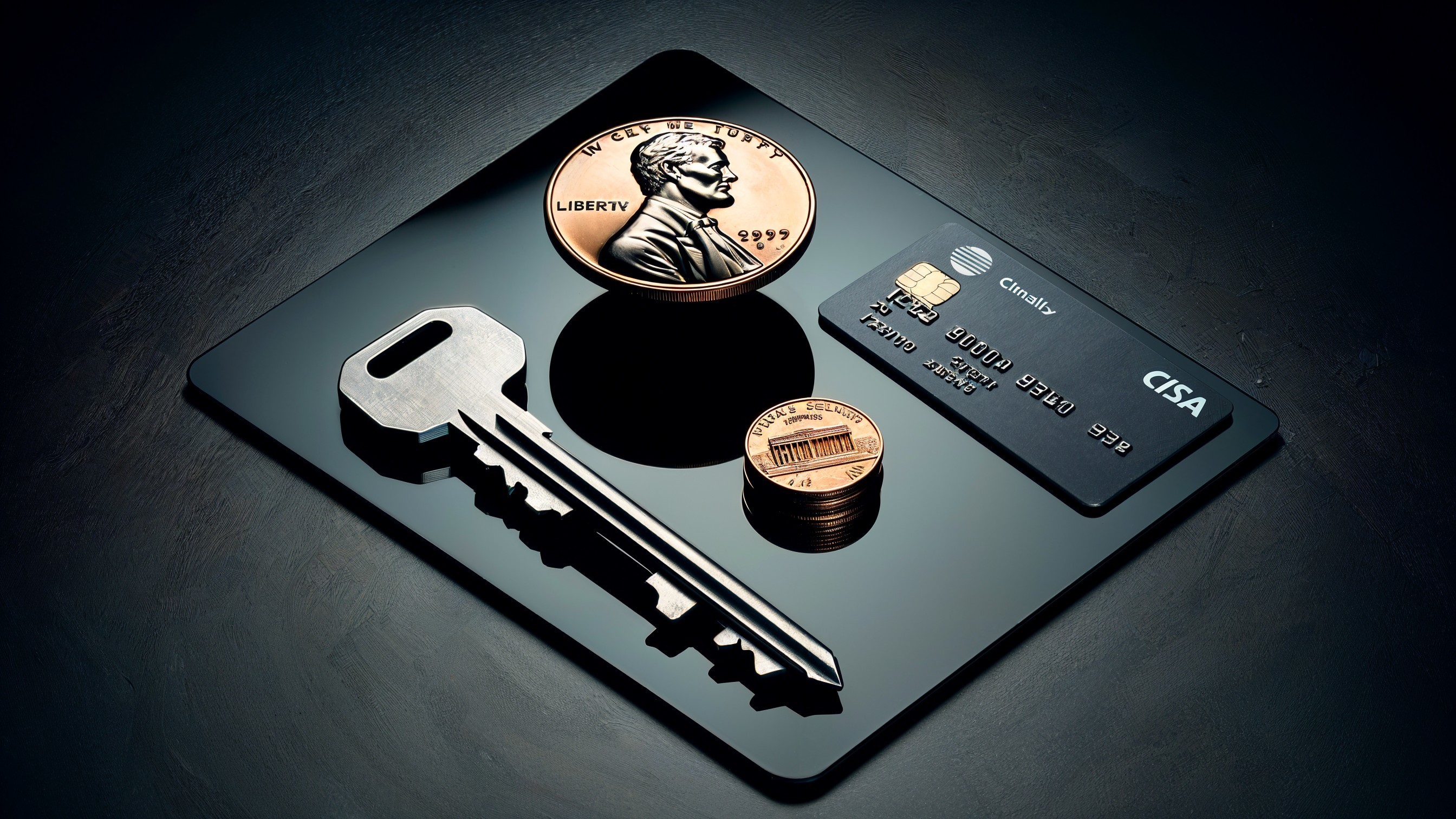 Glossy Black Surface with Credit Card, Key, and Coins