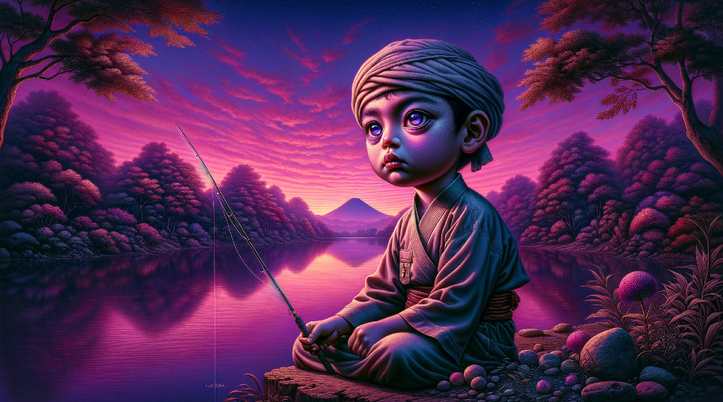 Digital Artwork of Child Fishing at Purple Lakeside