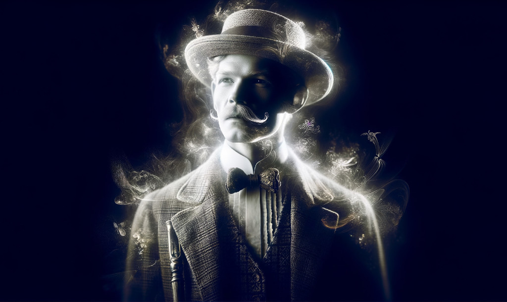 Monochrome vintage attire person with hat, surrounded by swirls and butterflies