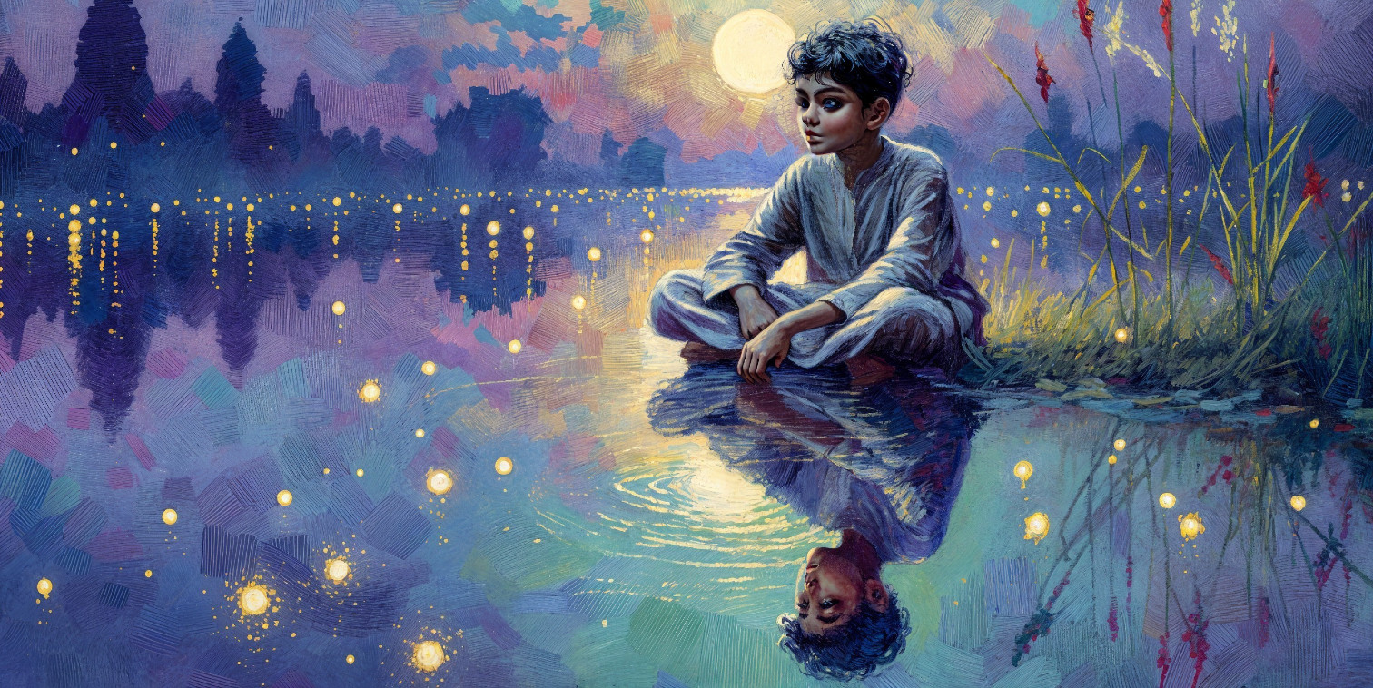 Young boy by tranquil lake at twilight with reflections