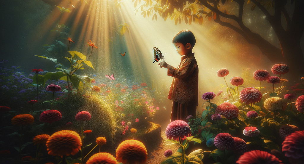 Child in a magical forest with butterfly and flowers