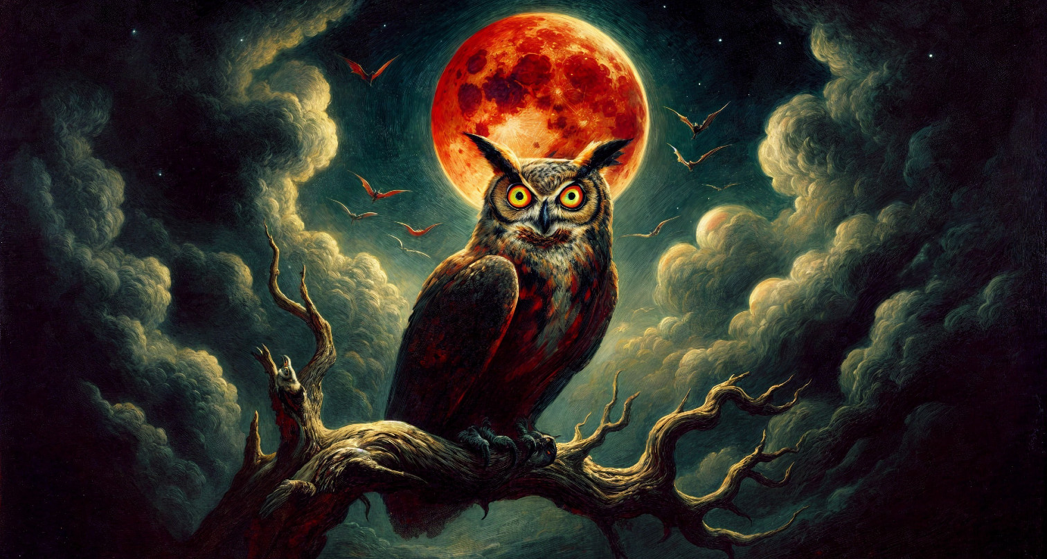 Majestic owl under a red moon with swirling clouds