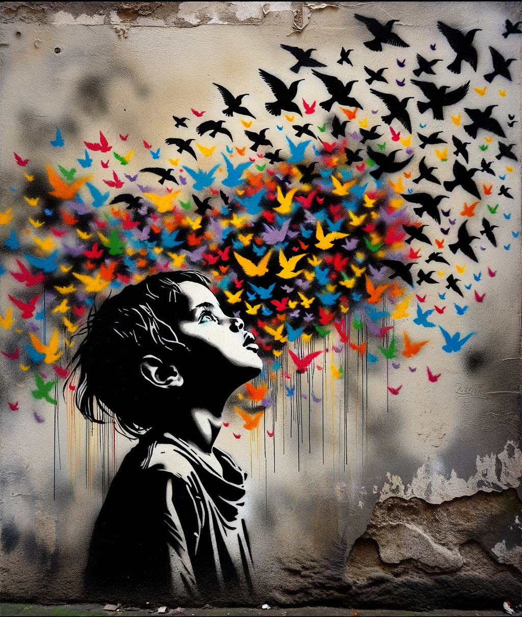 Mural of a boy with colorful birds in vibrant hues