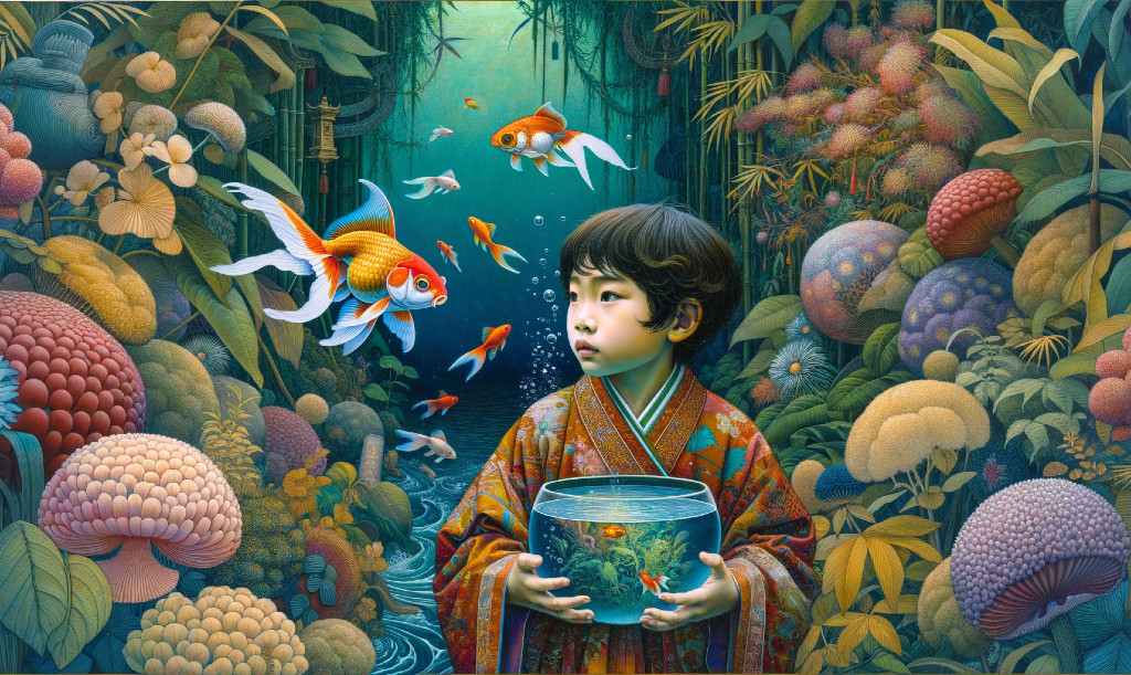 Child in traditional attire with fishbowl in surreal underwater scene