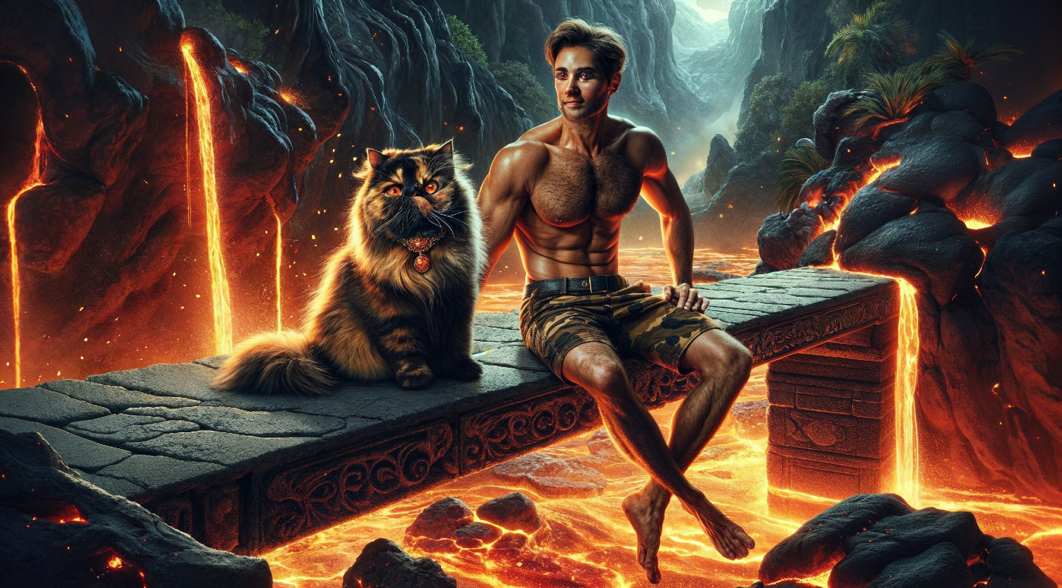Muscular Man and Cat on Lava Bridge in Fantasy Landscape