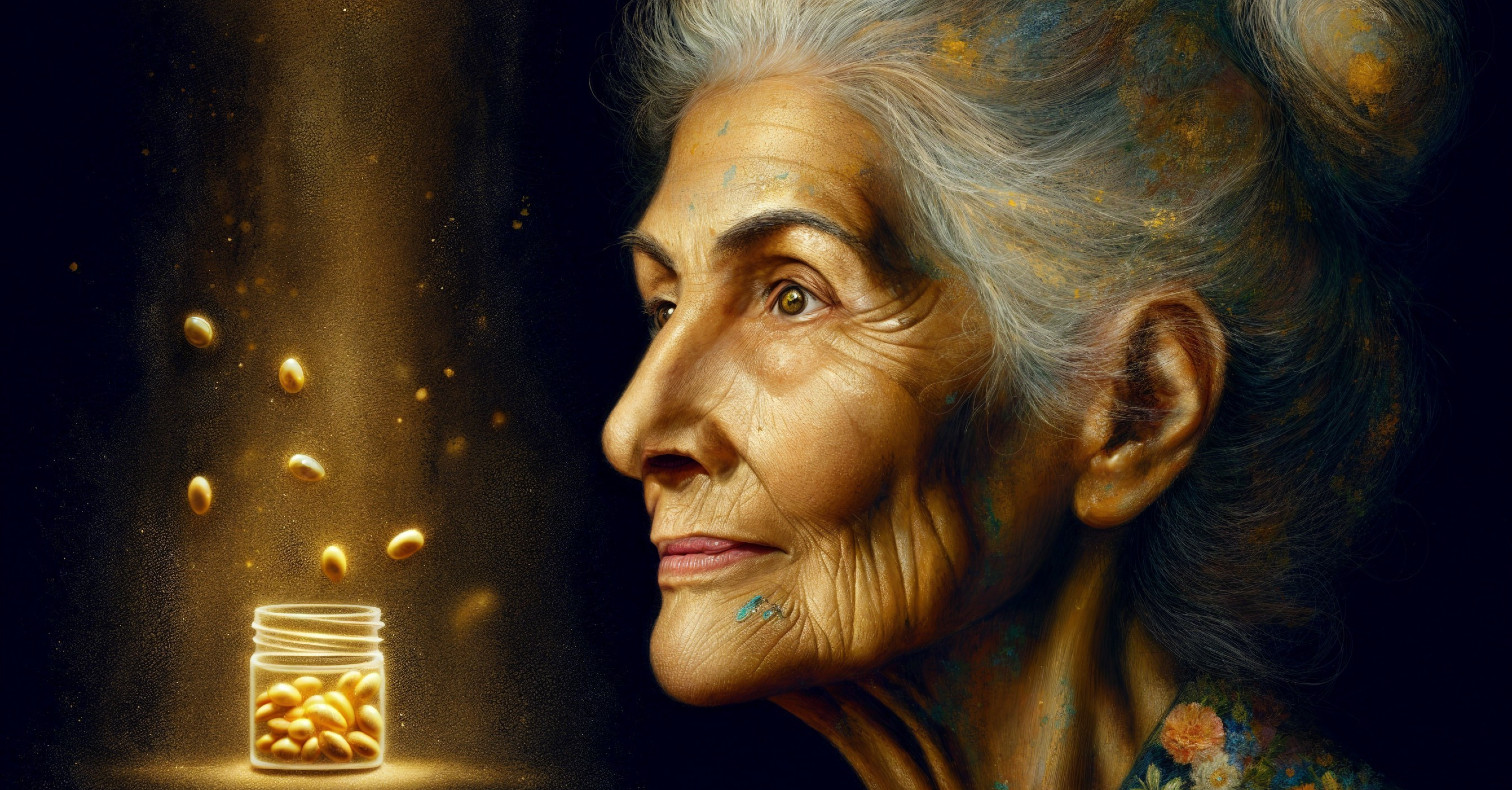 Elderly Woman Surrounded by Ethereal Glow and Capsules