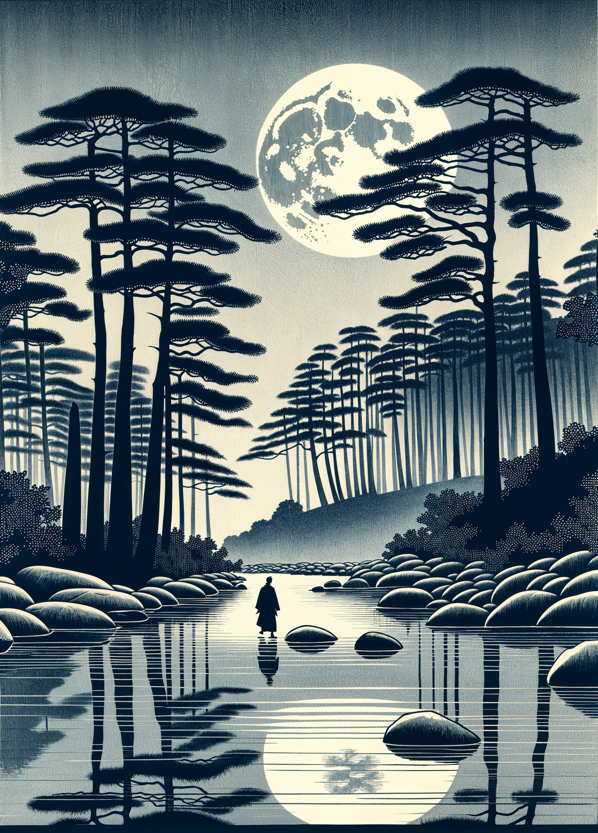Lone Figure Walking by Serene River Under Full Moon