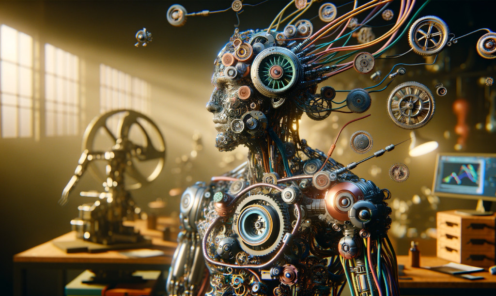 Steampunk-style robot with intricate gears in a vintage workshop.