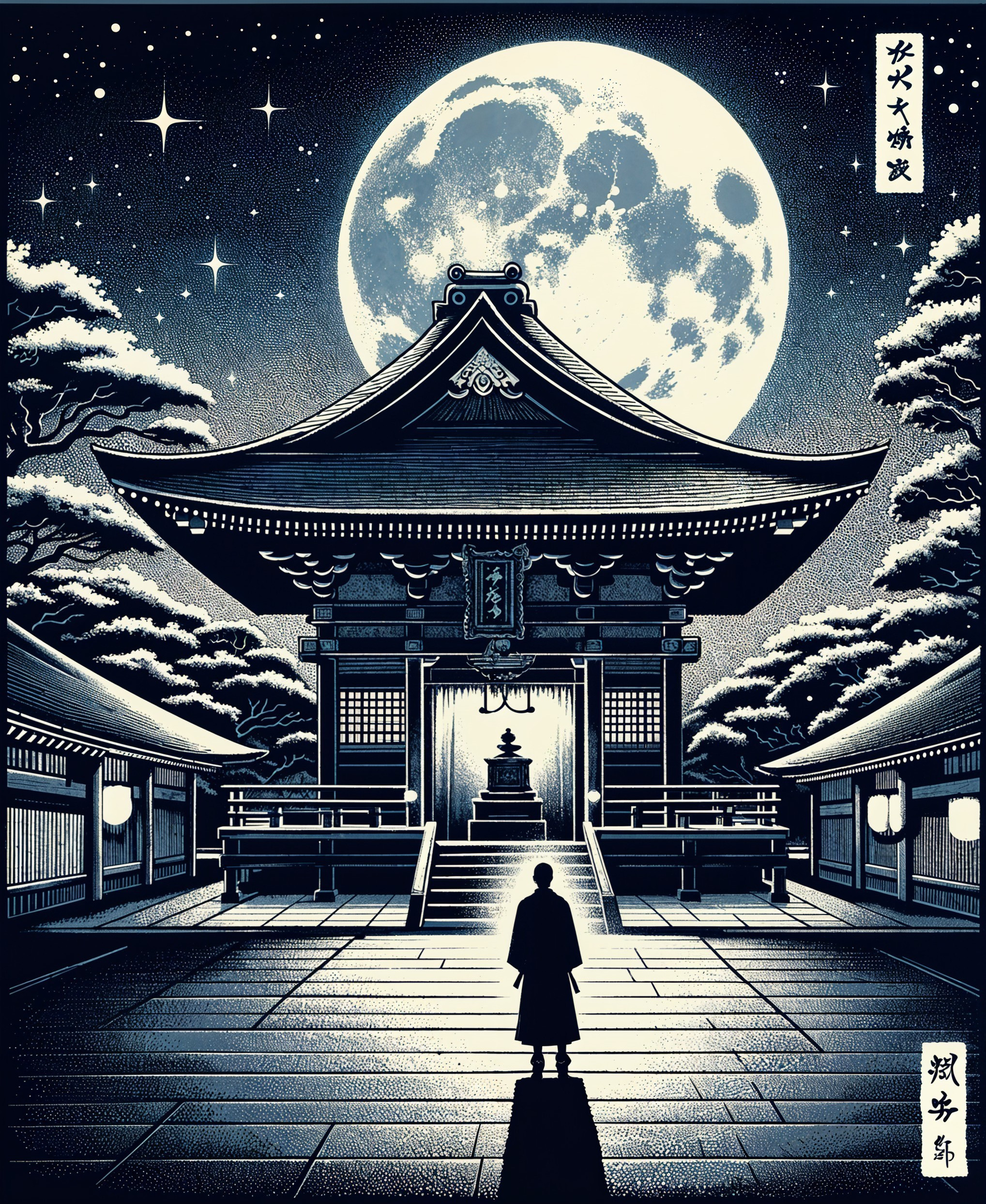 Traditional temple illuminated by a full moon at night