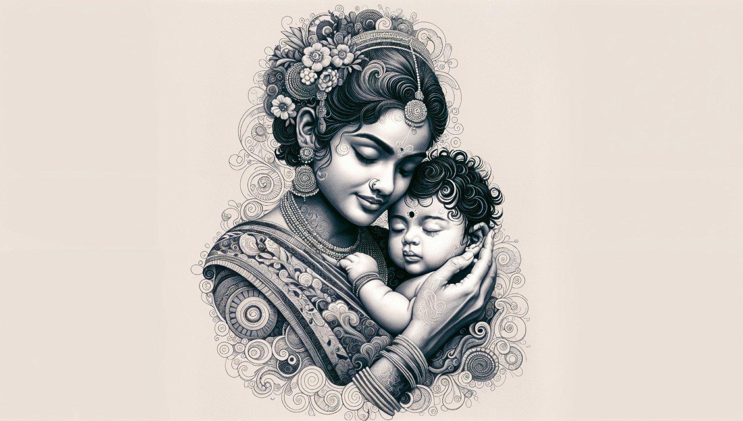 Black and White Illustration of Mother and Child Embrace