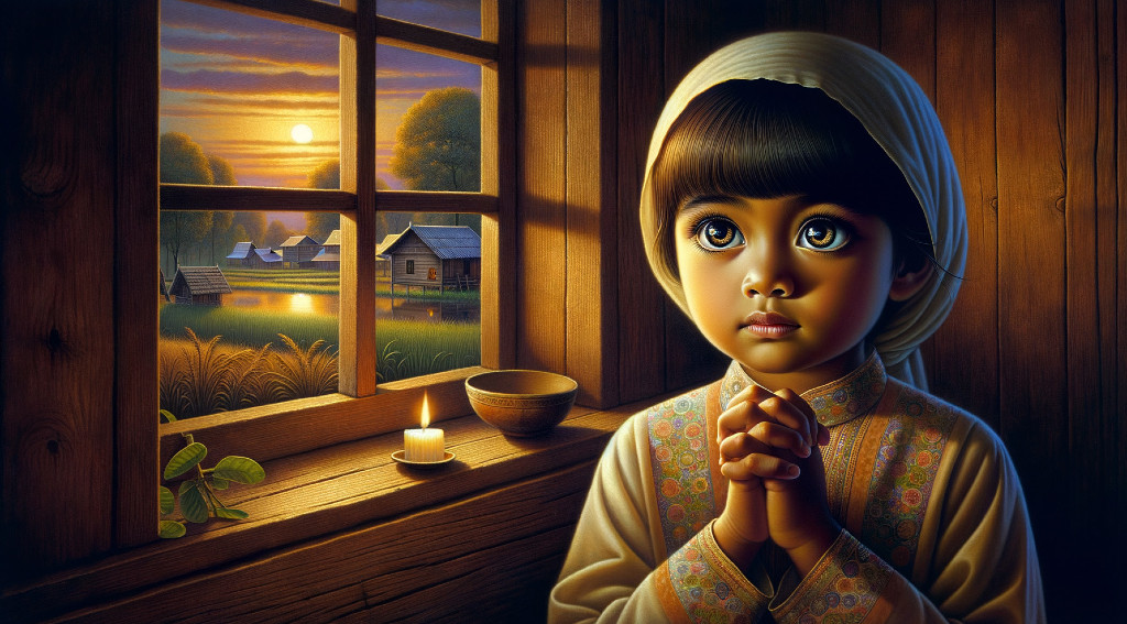 Child Kneeling in Prayer with Candlelight and Sunset