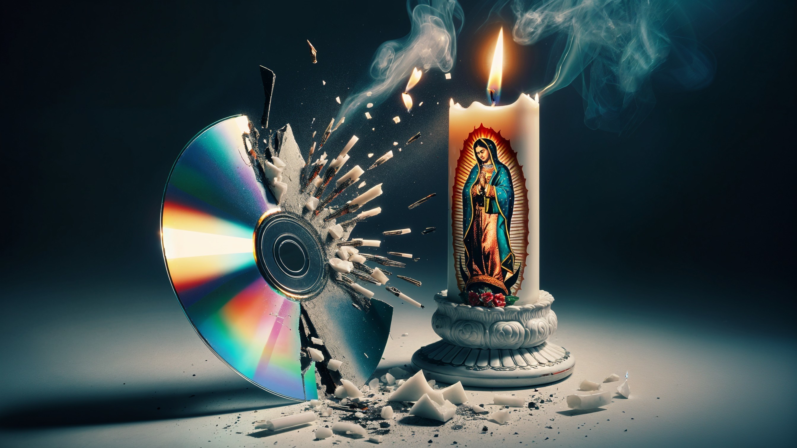 Broken CD and Virgin Mary Candle Symbolizing Contrast