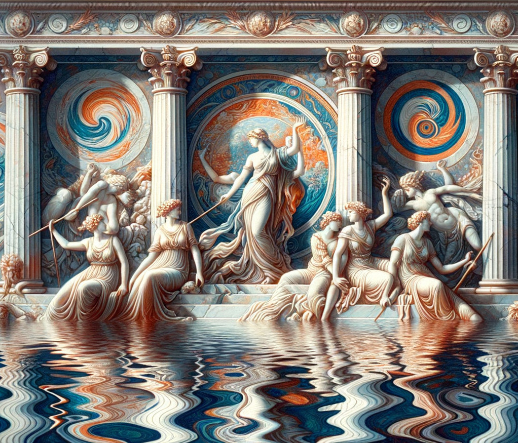 Classical scene with central figure and elegant muses