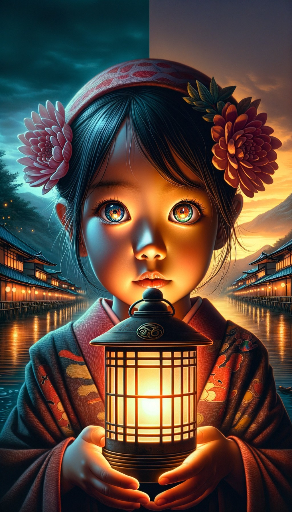 Young girl in traditional attire with lantern at twilight
