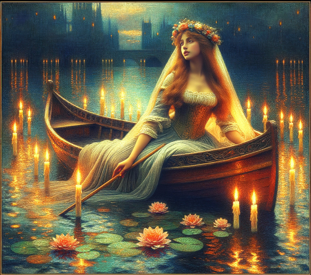 Serene woman in boat on candlelit lake at twilight