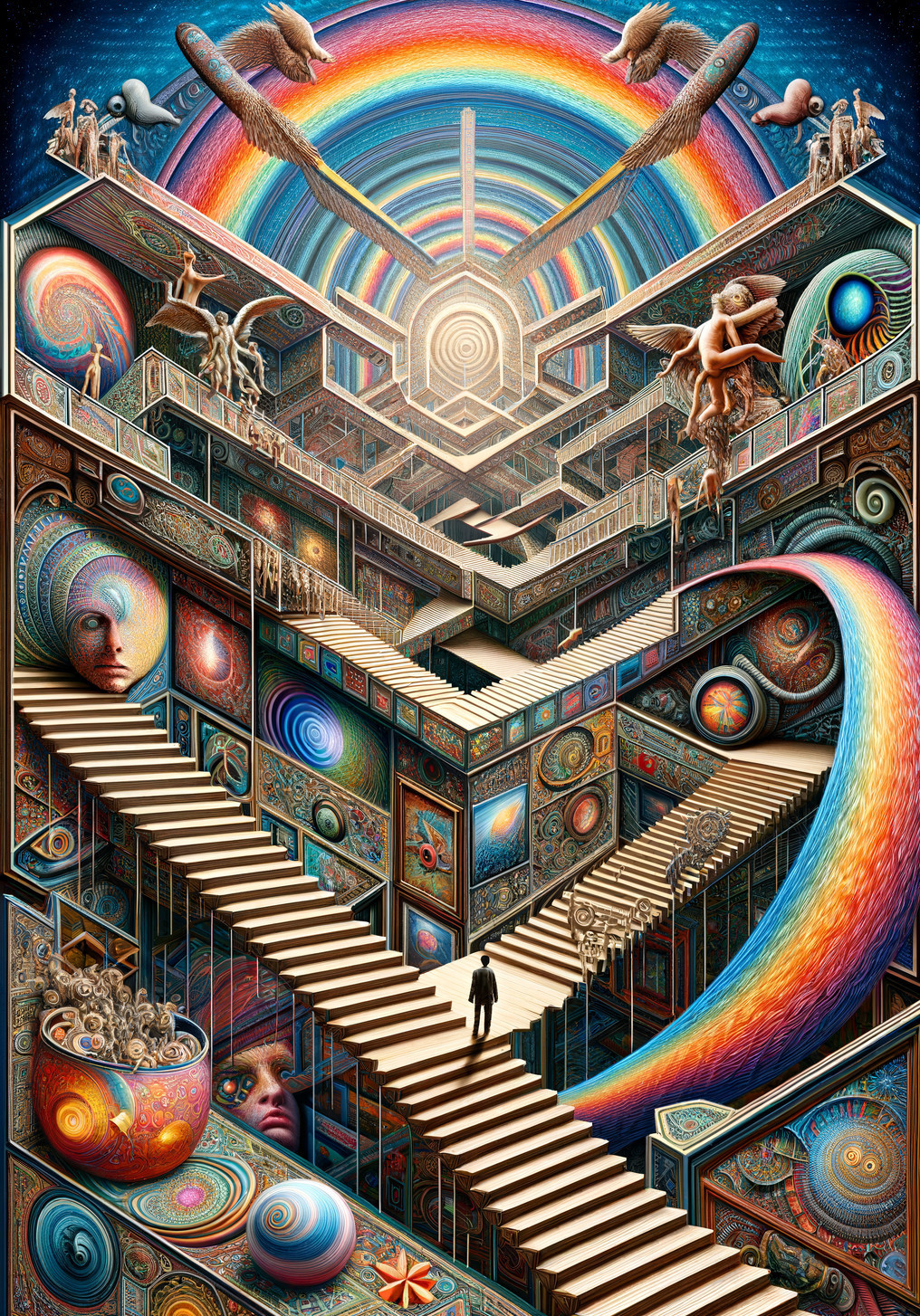 Surreal artwork: person on endless cosmic stairs