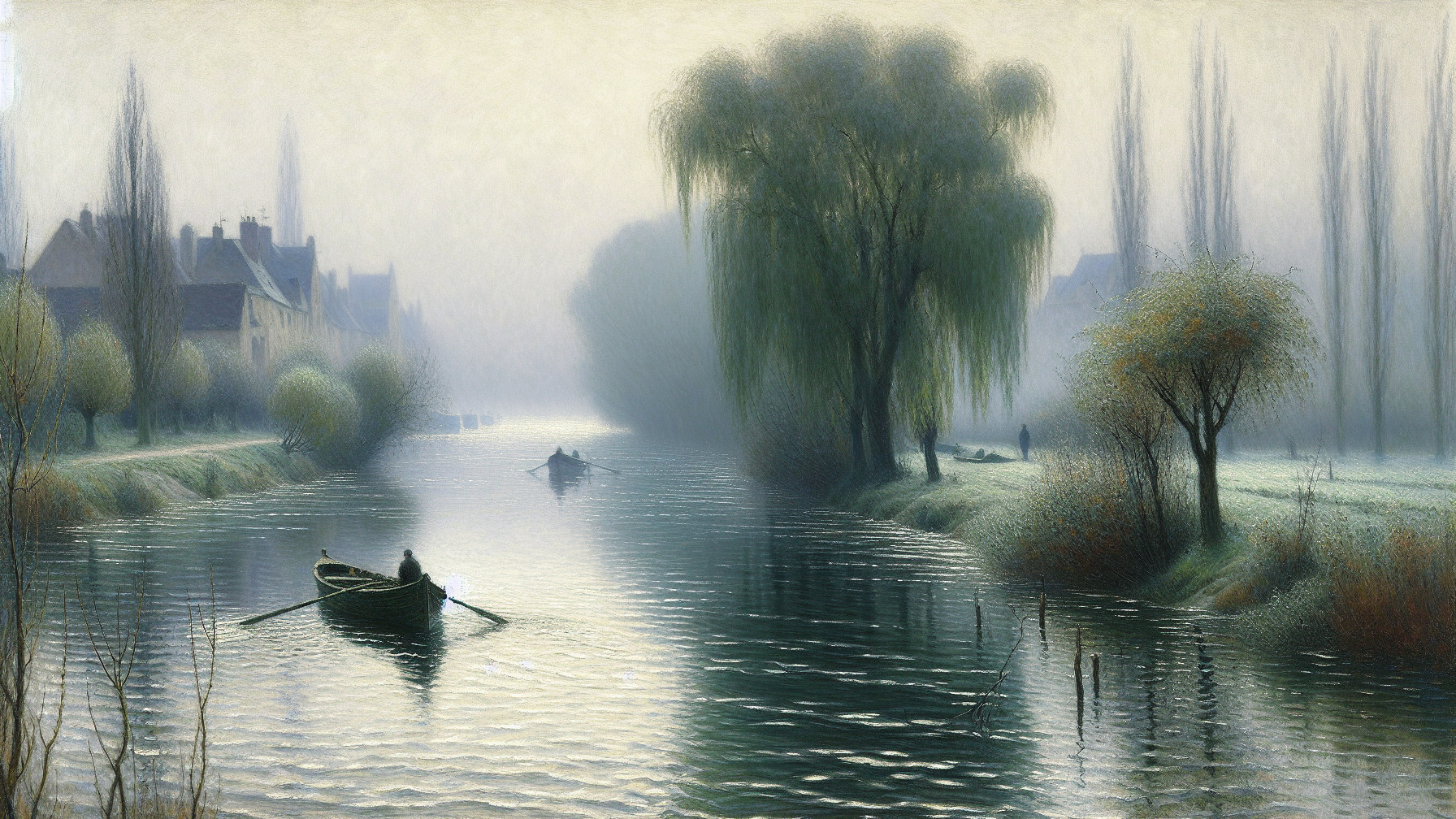 Serene River Landscape with Mist and Soft Hues