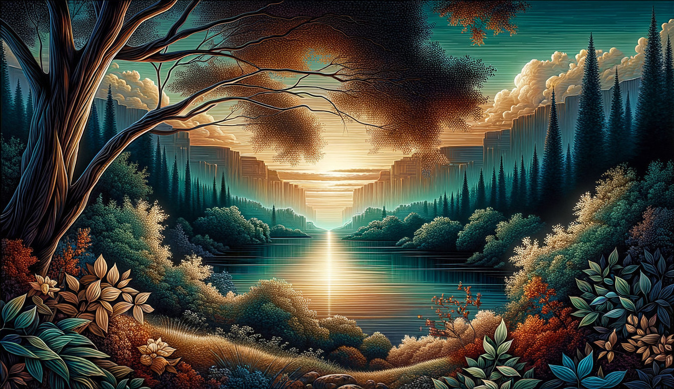 Serene Sunset Landscape with Calm Lake and Mountains