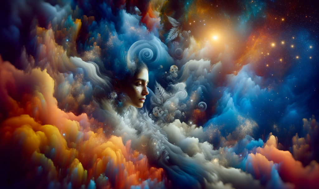 Surreal portrait blending woman's face with cosmic cloudscape