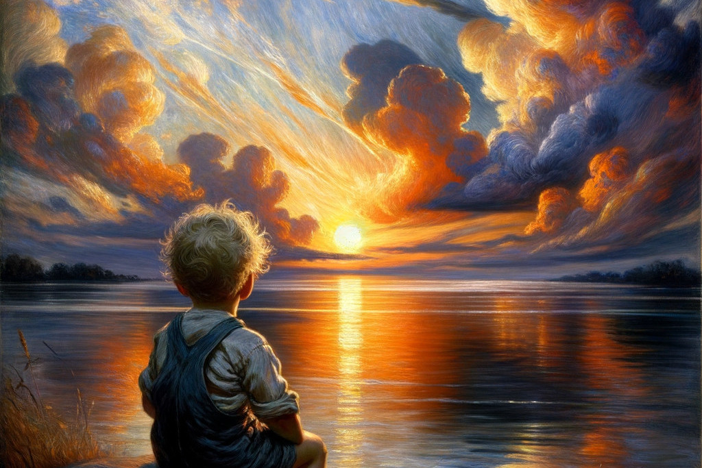 Child by serene lake at sunset with striking clouds and sun's reflection