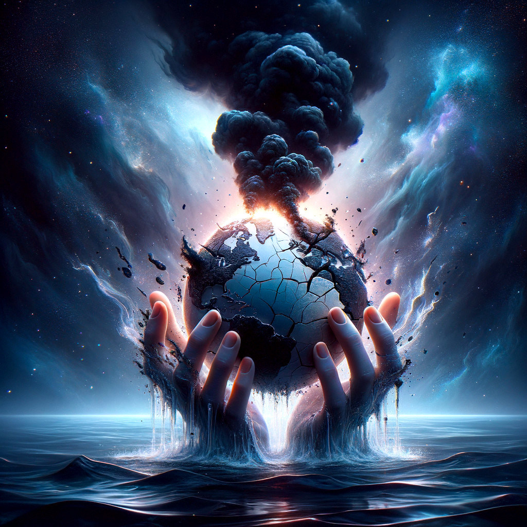 Surreal image: Hands lift cracked globe from ocean