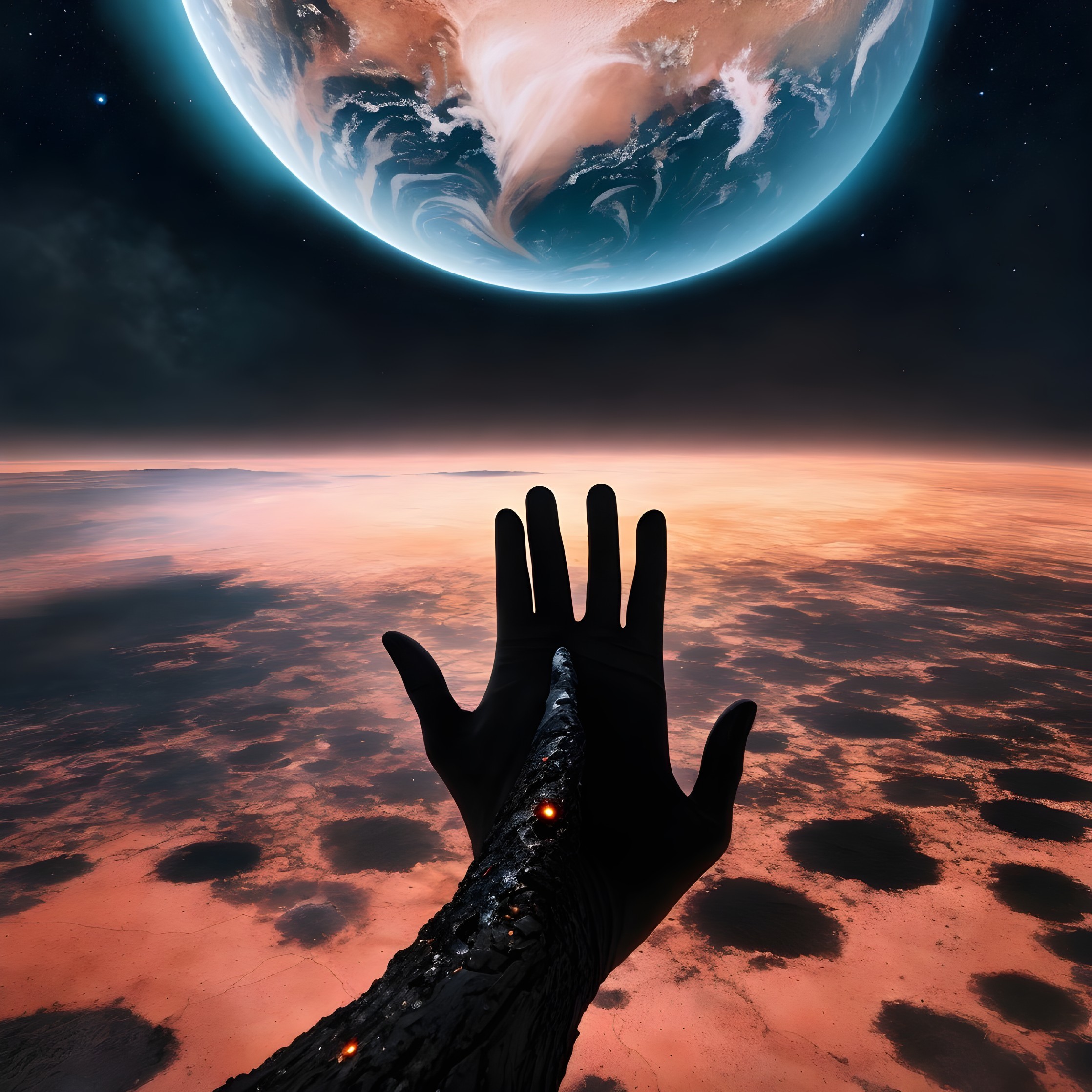 Surreal humanoid hand reaching Earth-like planet in cosmic sky