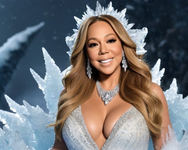 Woman in Sparkling Crown and Necklace Amidst Icy Crystal Formations