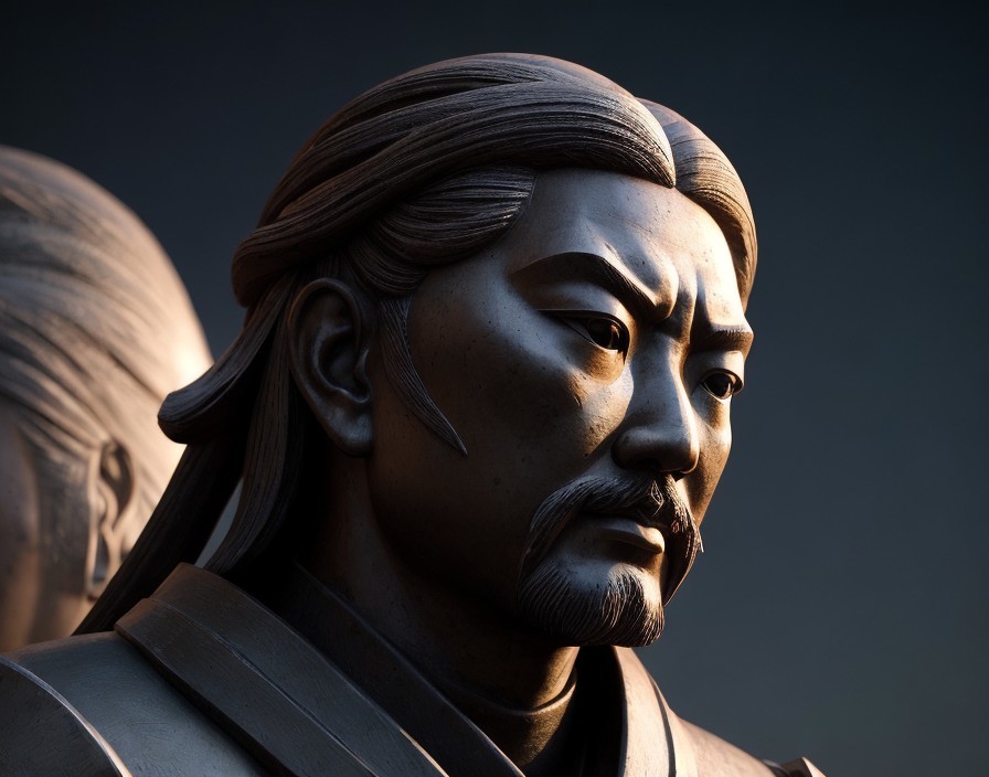 Male Asian warrior digital art: traditional armor, facial hair, dark backdrop