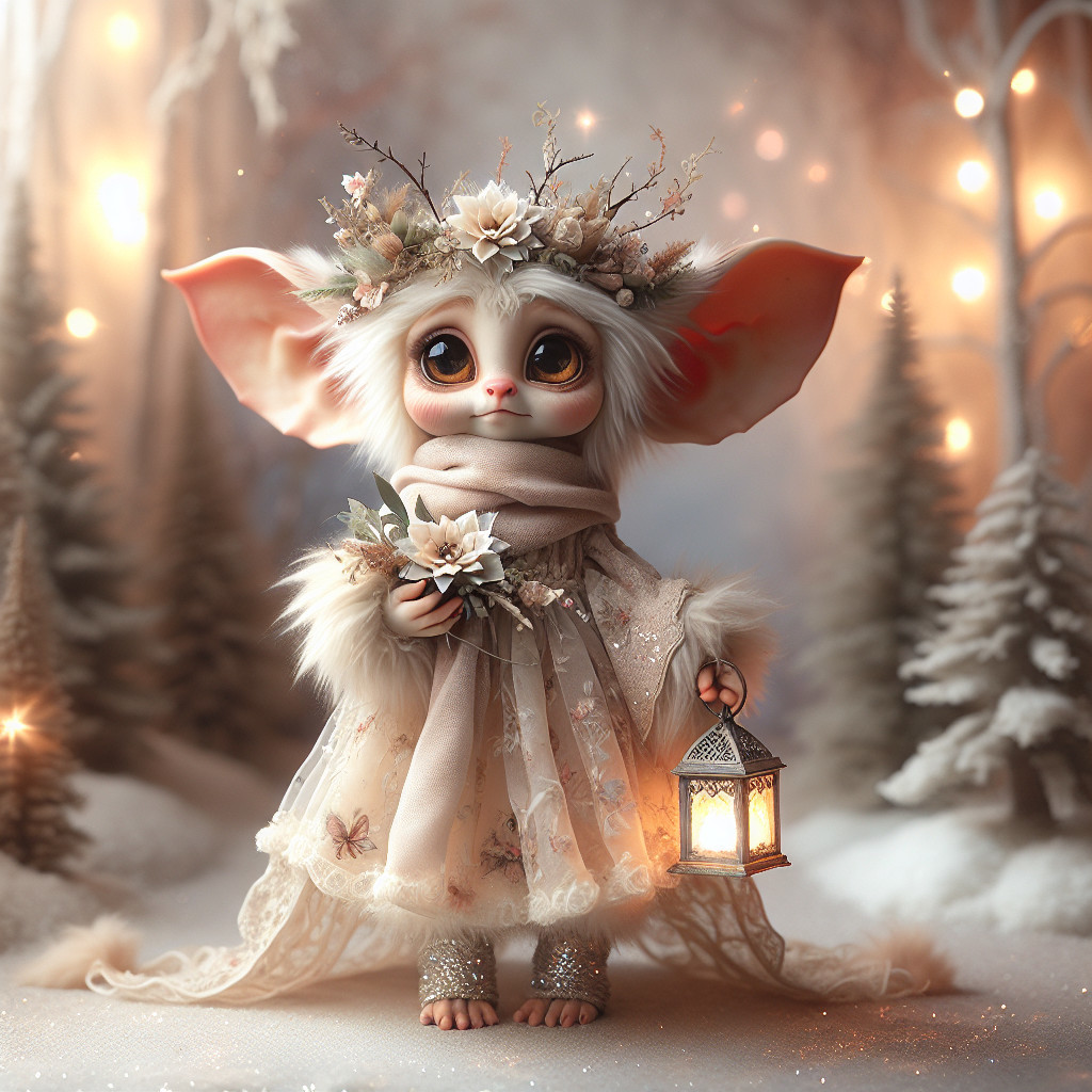 Whimsical Creature in Snowy Enchanted Forest Scene